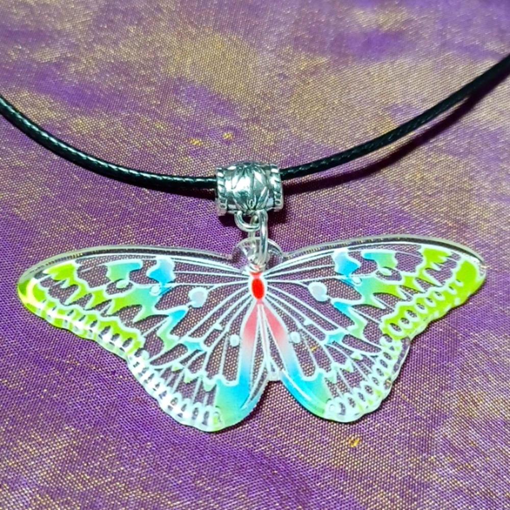 Butterfly acrylic clear silver handmade pendant rainbow 🌈 colorful wings bug